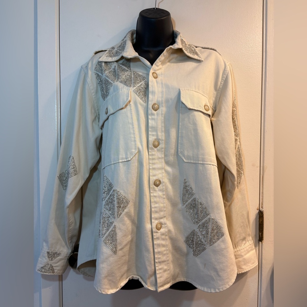Women's Polo Ralph Lauren Size L Long Sleeve Denim Shirt W/ Sequin Embroidery
